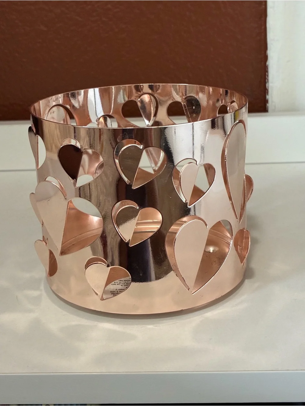Bath & Body Works Rose Gold 3D Cutout Heart Design Metal 3- Wick Candle Sleeve